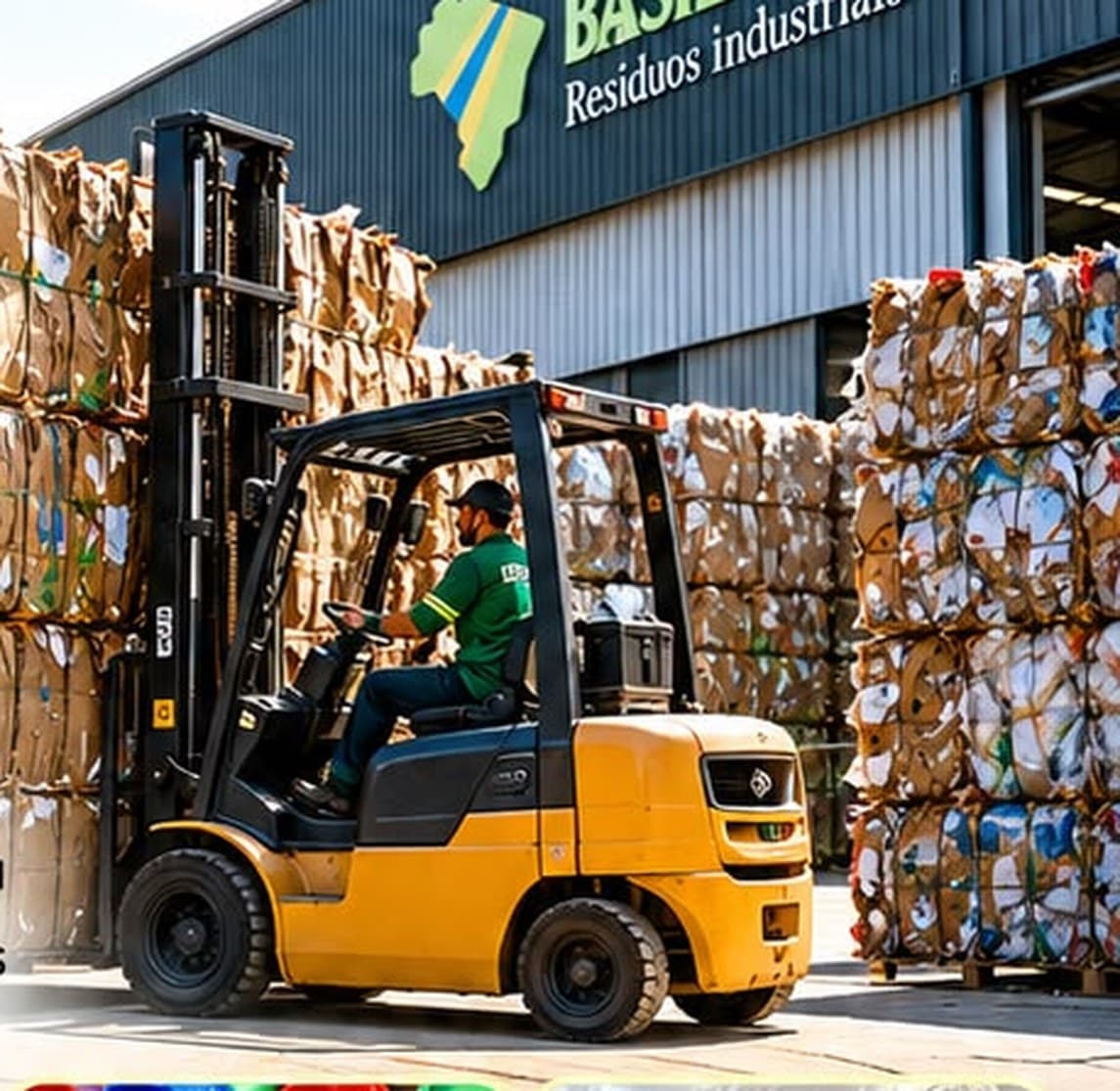 Empilhadeira movimentando fardos de recicláveis no pátio da Brasil Vale