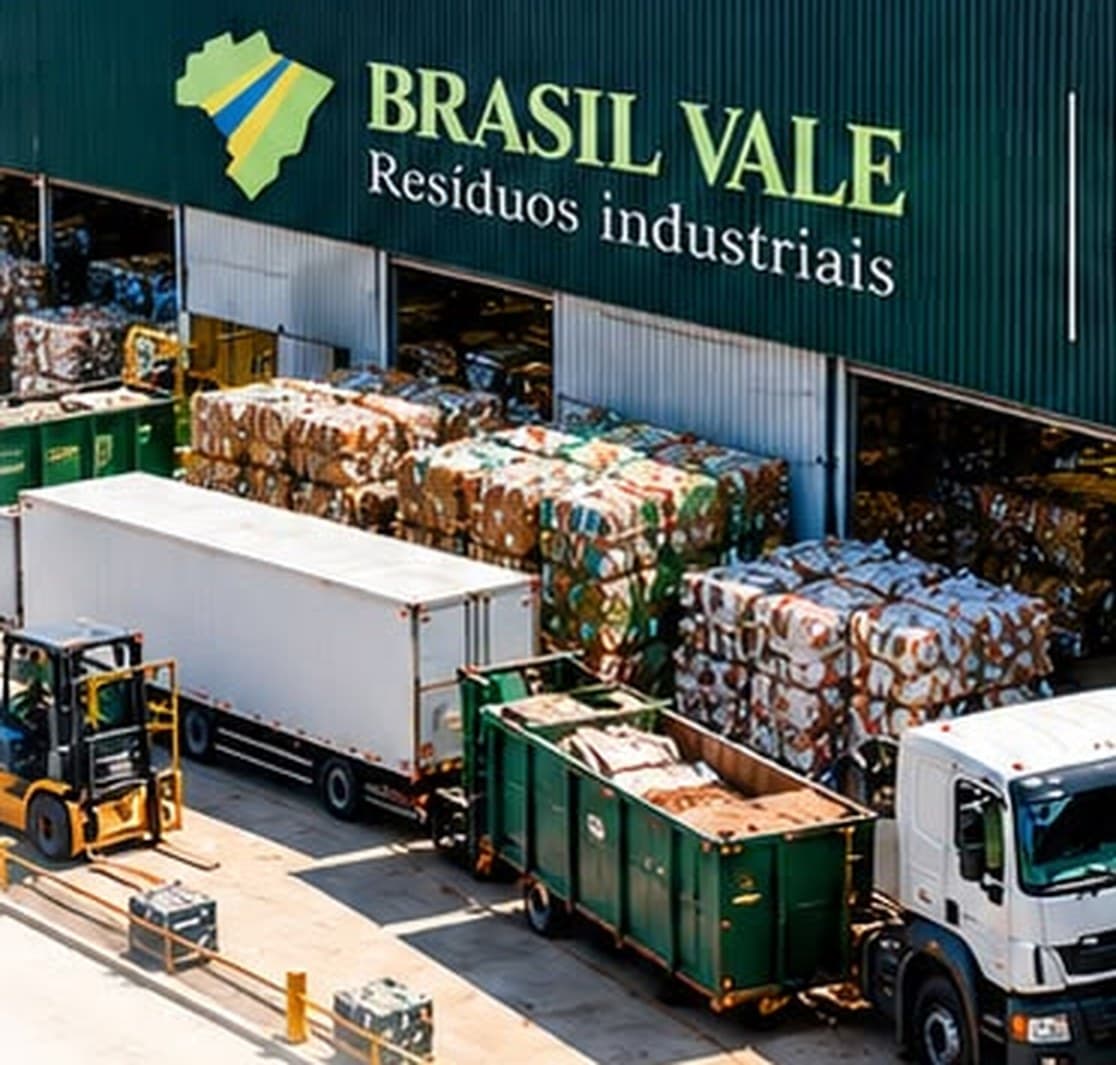 Pátio da Brasil Vale com fardos de recicláveis, empilhadeira e caminhões em operação